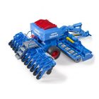 Sembradora LEMKEN Solitair 9 azul en vista trasera de tres cuartos, con depósito rojo y brazos de siembra extendidos.