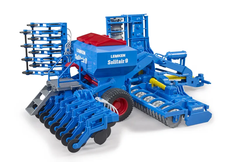 Vista lateral de Sembradora Lemken Solitair 9 02026 de Bruder con unidades de siembra plegables y depósito practicable.