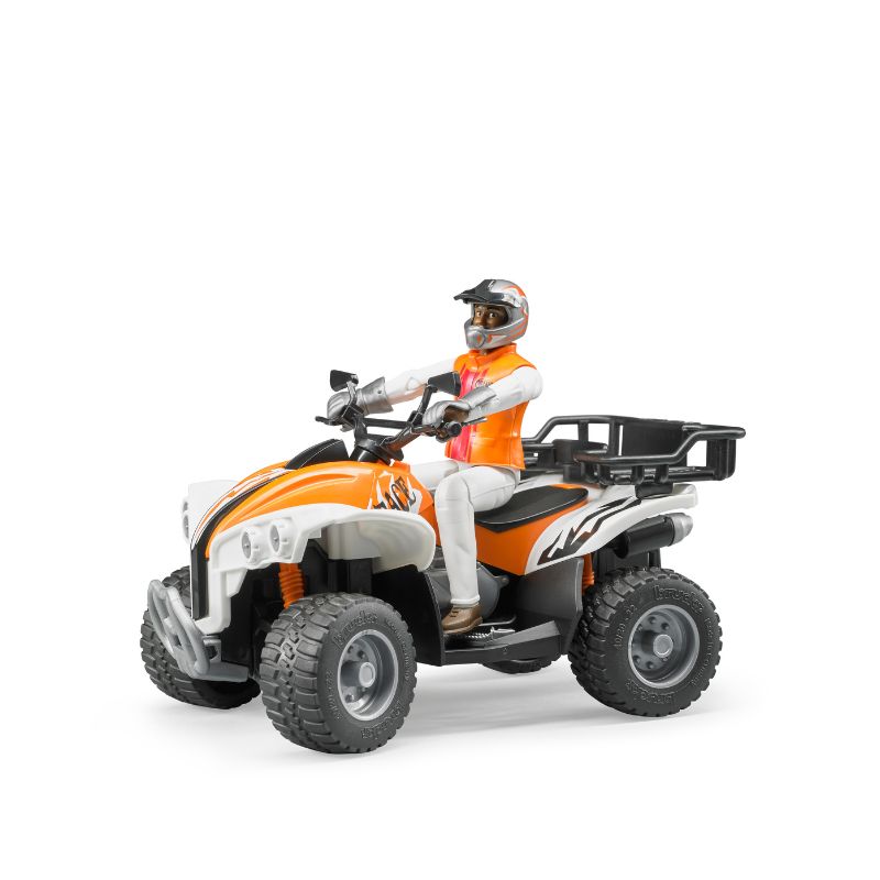 Quad y Conductor 63000 Bruder Quad y Conductor 63000 de Bruder con figura equipada, dirección funcional, suspensión y portaequipajes desmontable.