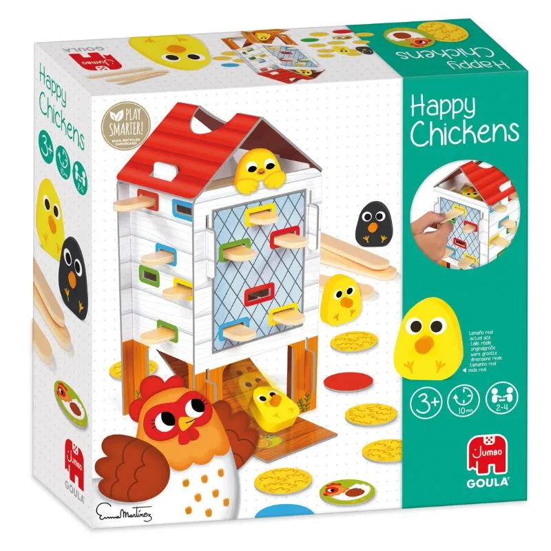 Happy Chickens Goula con gallinero y pollitos Caja de Happy Chickens Goula con un gallinero ilustrado, pollitos amarillos, una gallina y fichas de colores.