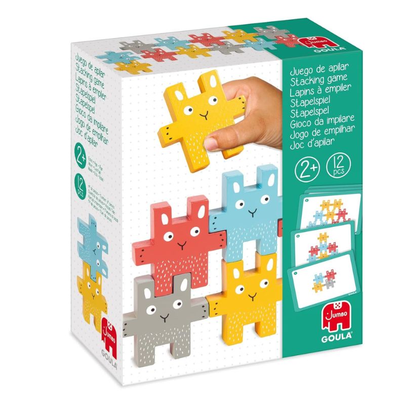 Juego de apilar conejitos Goula en caja Caja del Juego de apilar conejitos Goula con piezas de conejos grises, rojas, azules y amarillas colocadas unas sobre otras.