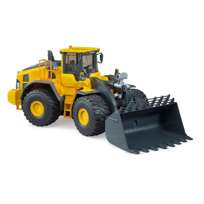 Lateral izquierdo de la Cargadora Volvo L260H 02458 de Bruder con gran pala basculante.