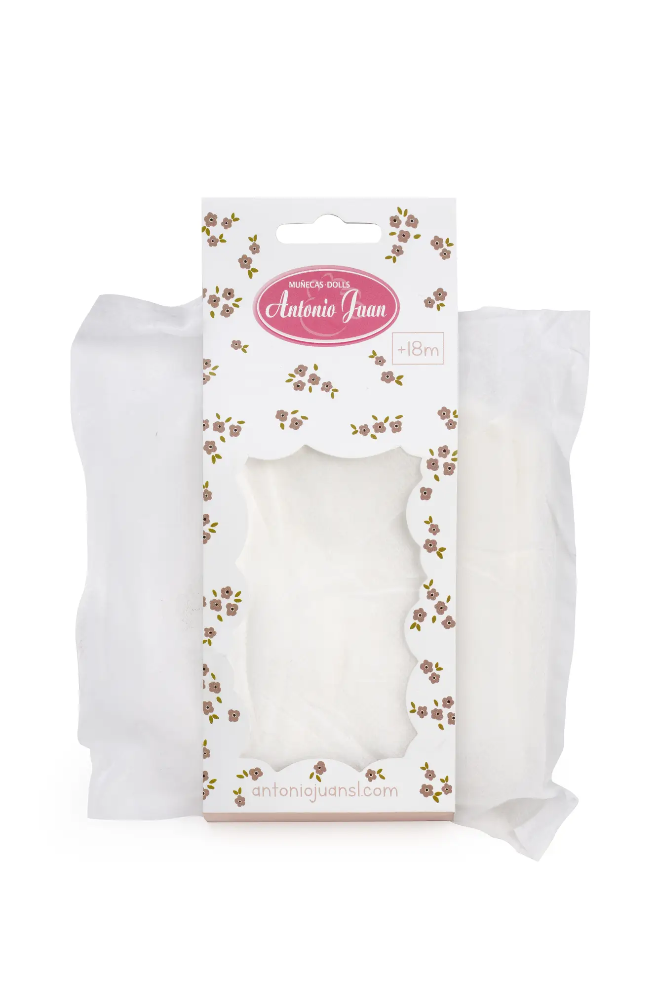 Pañales Antonio Juan en su embalaje Paquete de pañales blancos para muñeca Antonio Juan mostrado junto a dos pañales desplegados.