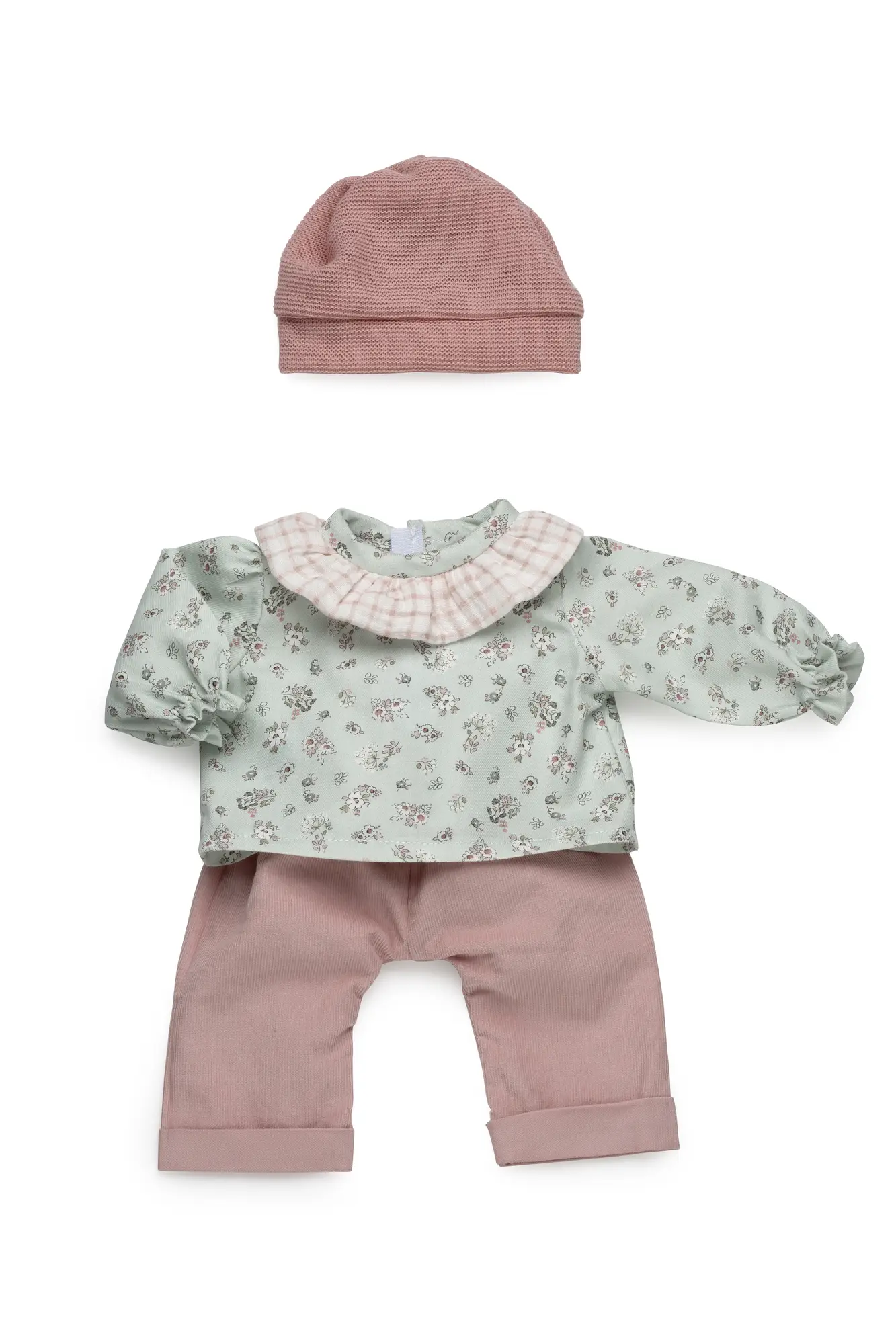 Conjunto floral verde y rosa para muñeca de 42 cm Conjunto para muñeca de 42 cm con blusa verde de flores y cuello de cuadros, pantalón rosa y gorro a juego.
