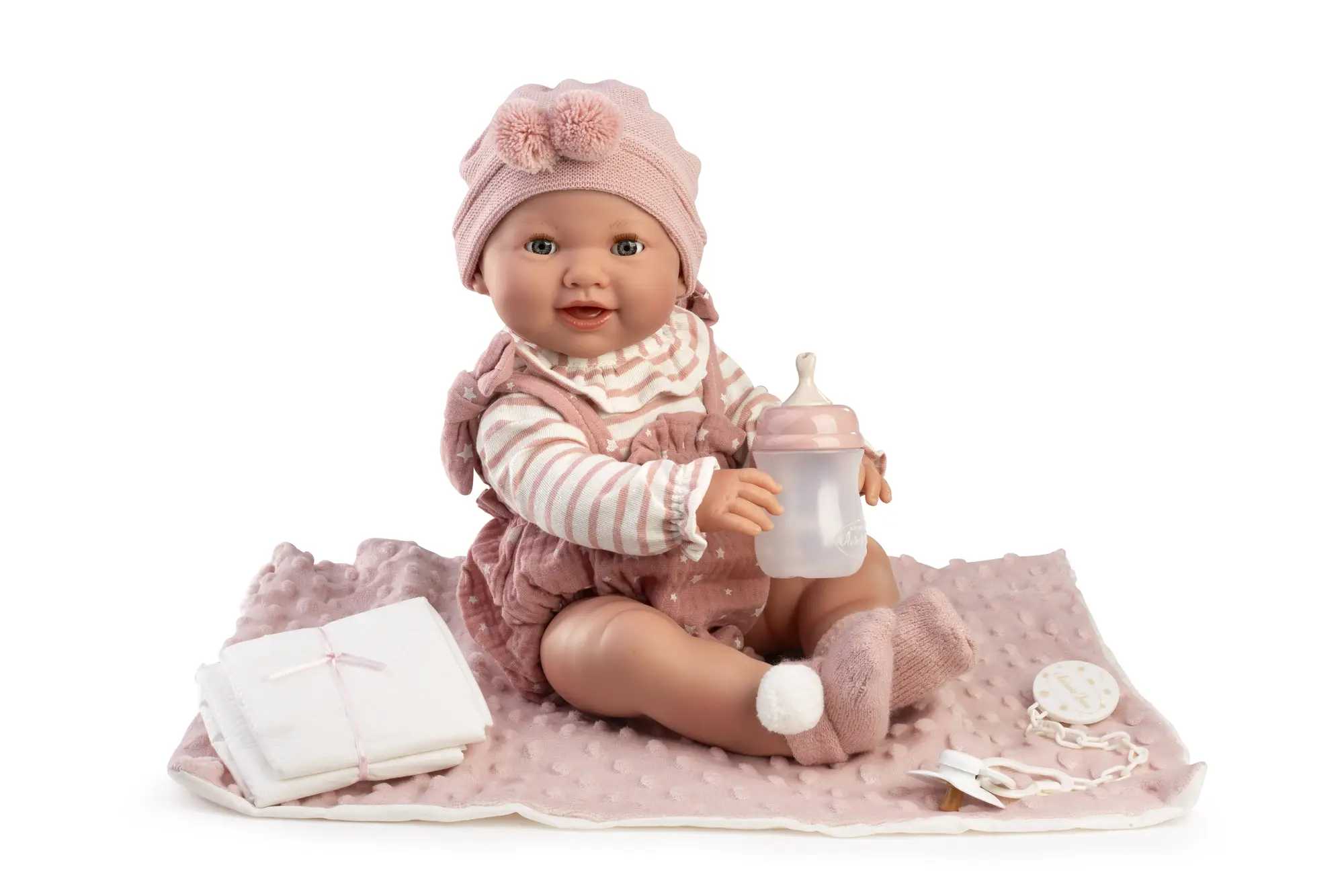 Muñeca Recién Nacida Mía Hace Pipí con Manta de Antonio Juan sentada, de 42 cm, con cuerpo de vinilo, tacto especial y diseño sexado