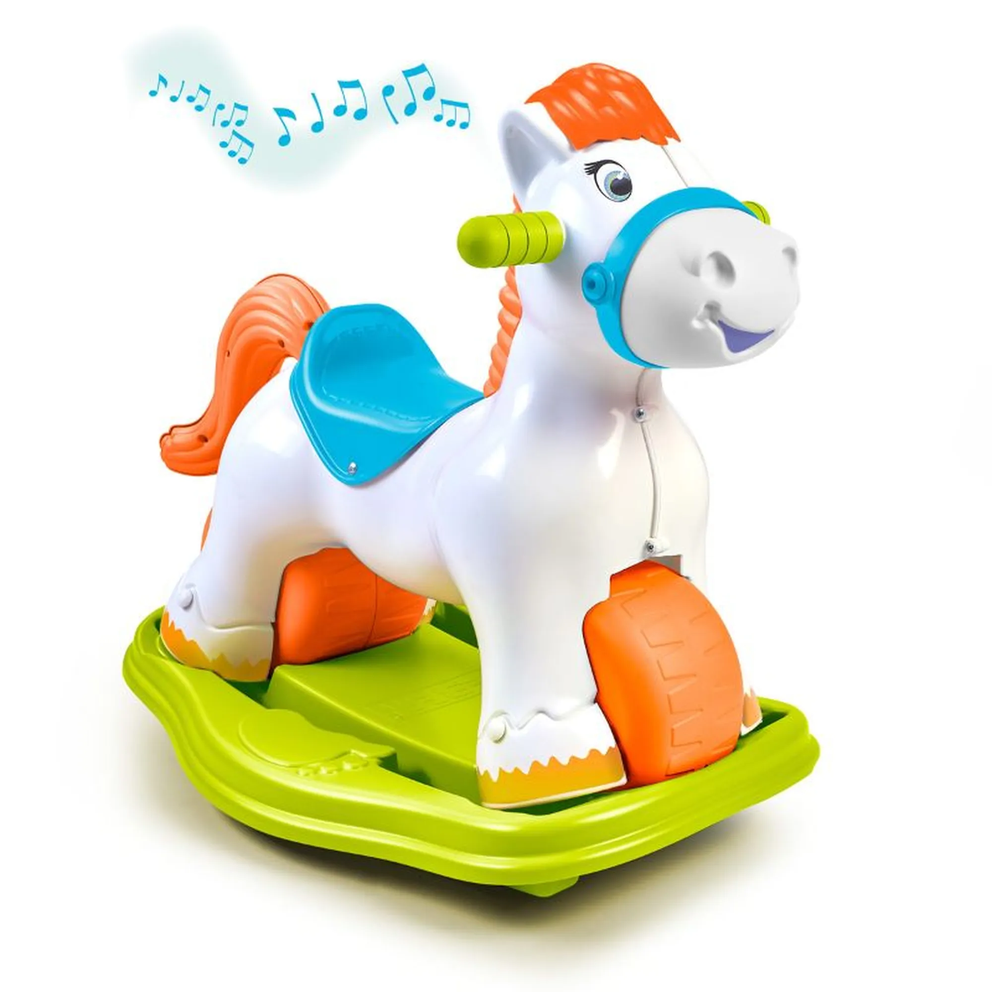 Pony FEBER 2 en 1 blanco y naranja Pony FEBER 2 en 1 blanco con detalles naranjas, ruedas y base verde de balancín.