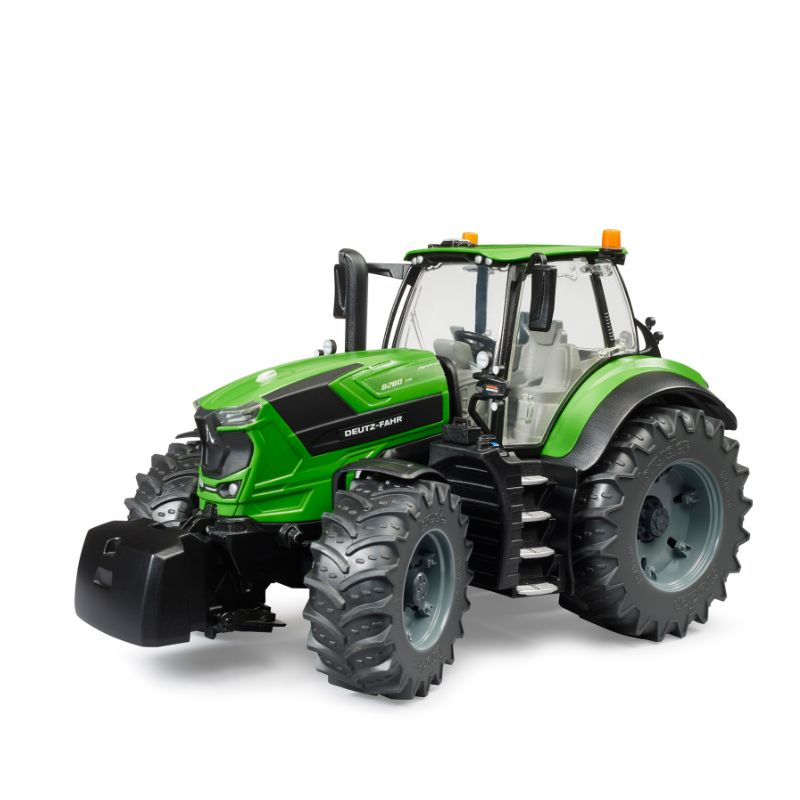 Tractor Deutz-Fahr 8280 TTV 03160 Bruder Tractor Deutz-Fahr 8280 TTV verde con contrapeso negro delantero, en vista tres cuartos.