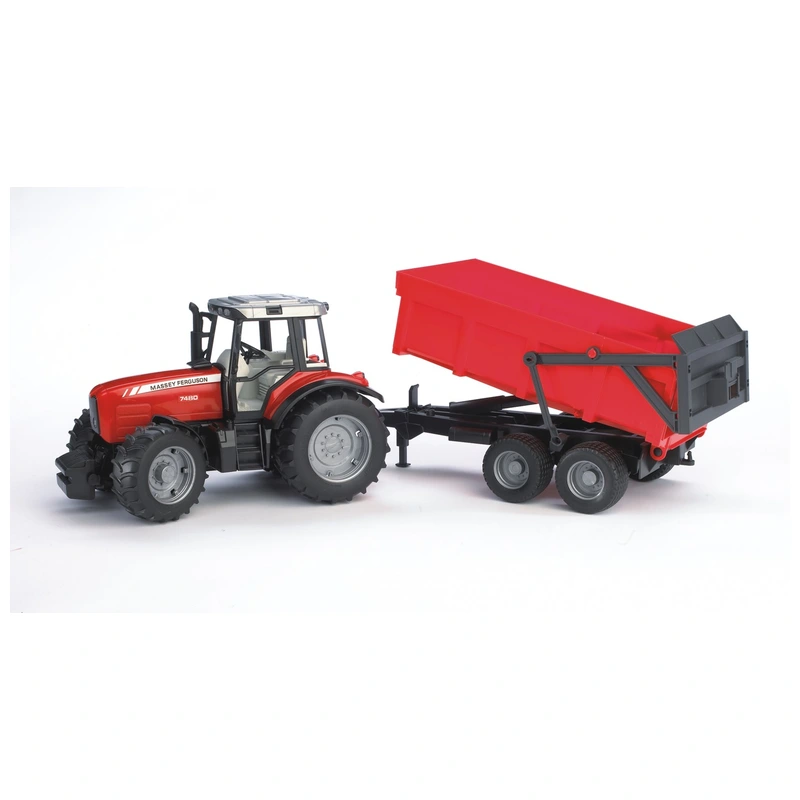 Tractor Massey Ferguson 7480 con remolque 02045 de Bruder, dirección funcional y caja de carga basculante.