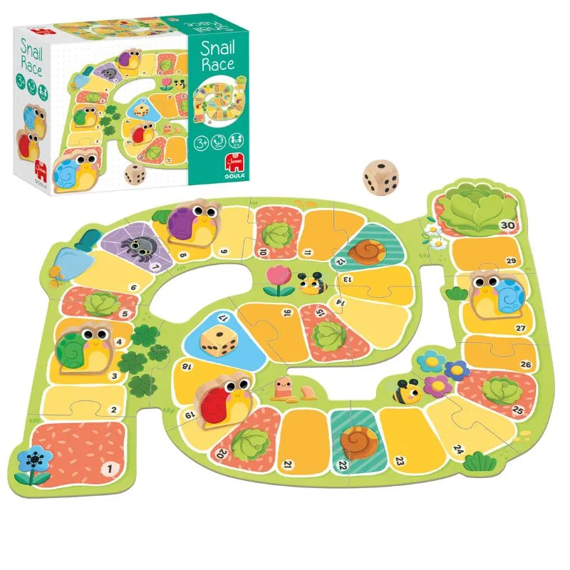 Snail Race Goula con tablero y dado Snail Race Goula con caja, recorrido ilustrado numerado hasta 30, piezas de caracoles y un dado de madera.