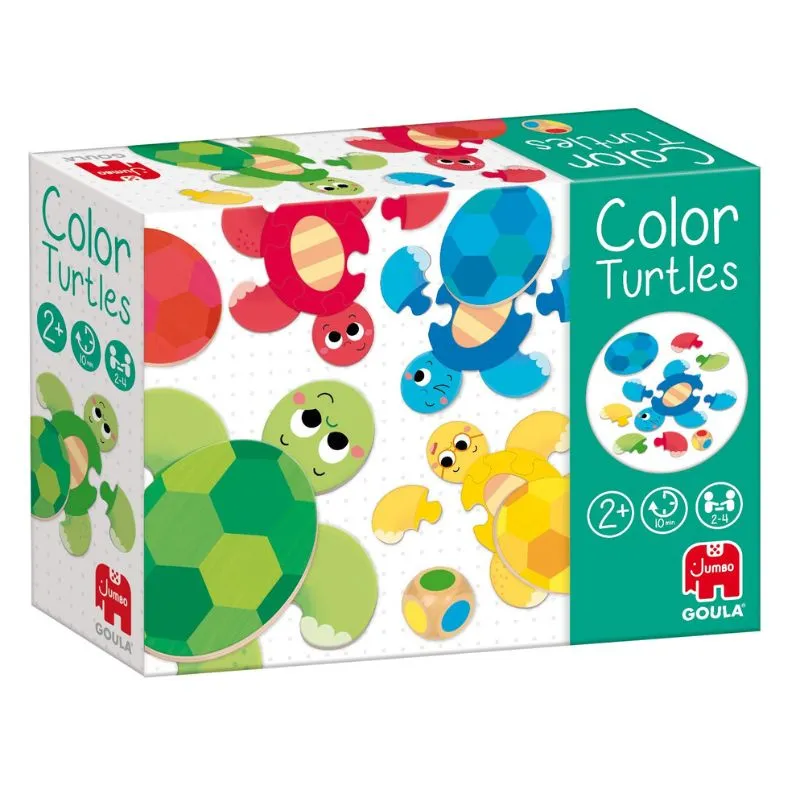 Color Turtles Goula en caja Caja de Color Turtles Goula con cuatro tortugas de colores y un dado con puntos de colores.