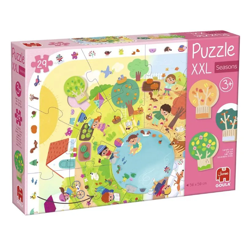 Puzzle XXL Seasons Goula montado Caja del Puzzle XXL Seasons Goula mostrando un puzle circular con niños, un estanque, árboles y escenas de las estaciones.