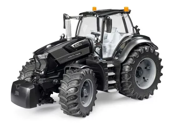 Bruder Deutz-Fahr 8280 TTV Warrior 03162, tractor negro con dirección funcional, capó practicable y ruedas desmontables.